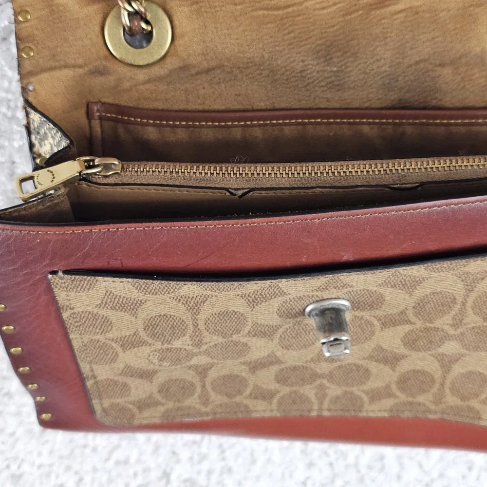 Coach Parker 1941 Rivets Chain Bag Signature Canvas Leather Genuine Snakeskin‎